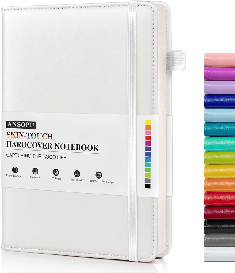 Ansopu Lined Journal Notebook for Writing, A5 100 GSM Thick Paper, Leather Hardcover Journal for Woman Men, Travel Journal Diary 160 Pages(5.75'' X 8.38'' White) - Image 1